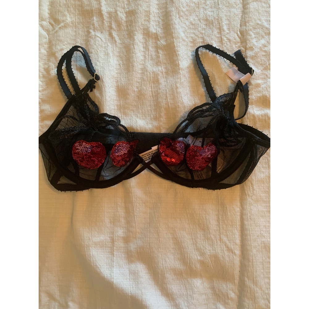 Victoria's Secret Very Sexy Sequin Heart Demi Bra Black Red Mesh 32B New